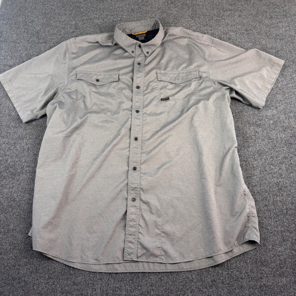 Ariat Rebar Work Shirt Mens XXL Grey Fair Short Sleeve Button Down Stretch